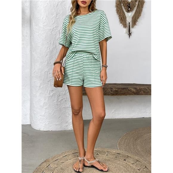 Striped Round Neck Short Sleeve Top and Shorts Set - Picture 4 of 16